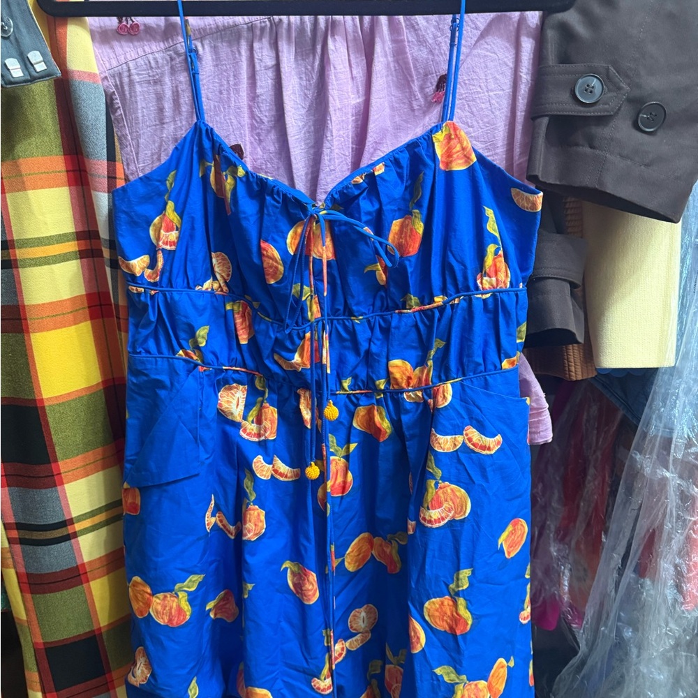 Farm Rio Anthropologie Blue Romper with Oranges